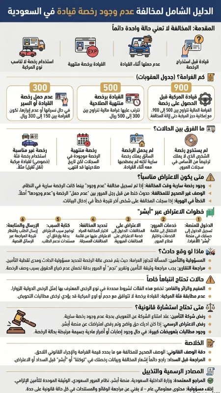 إنفوغرافيك الدليل الشامل لمخالفة عدم وجود رخصة قيادة في السعودية